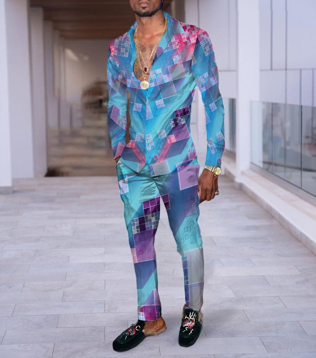 Hip Hop Hong Kong Style Fashion 3D Printing Casual Long Sleeve Shirt Suit - Purple blue / M