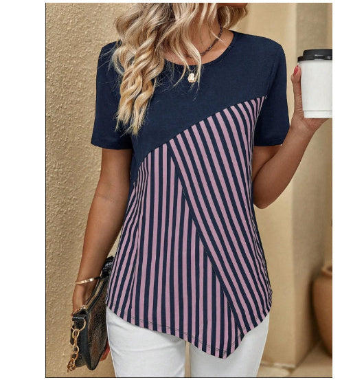 Women’s Color Matching Striped Printed Short Sleeve Crew Neck Casual T-shirt