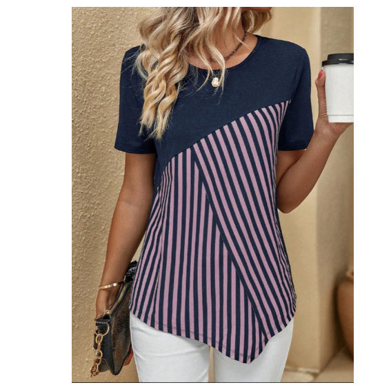 Women’s Color Matching Striped Printed Short Sleeve Crew Neck Casual T-shirt