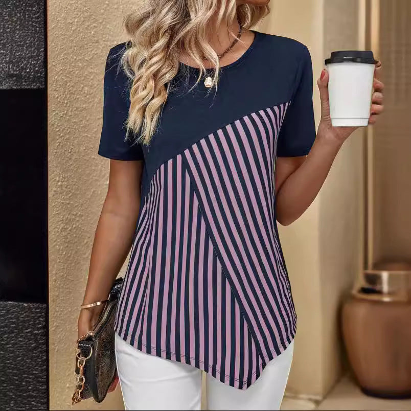 Women’s Color Matching Striped Printed Short Sleeve Crew Neck Casual T-shirt