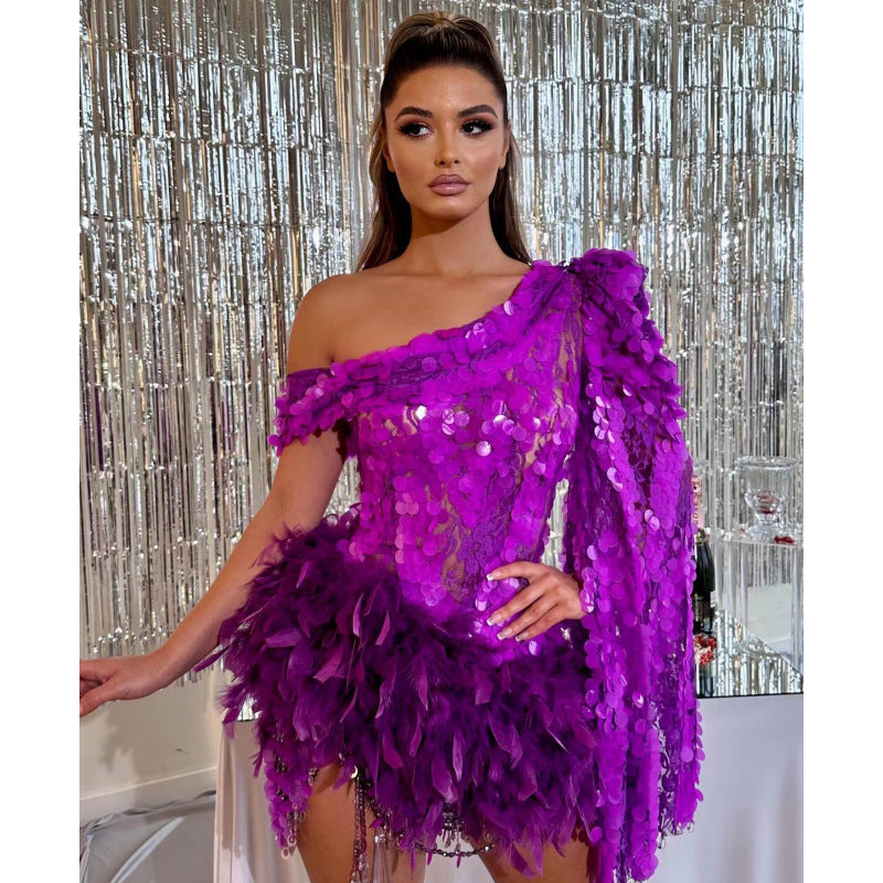 Purple Sequined Feather Skirt One-shoulder Sleeve Short Dress Luxury Party Stage Performance Dress - Purple / XS