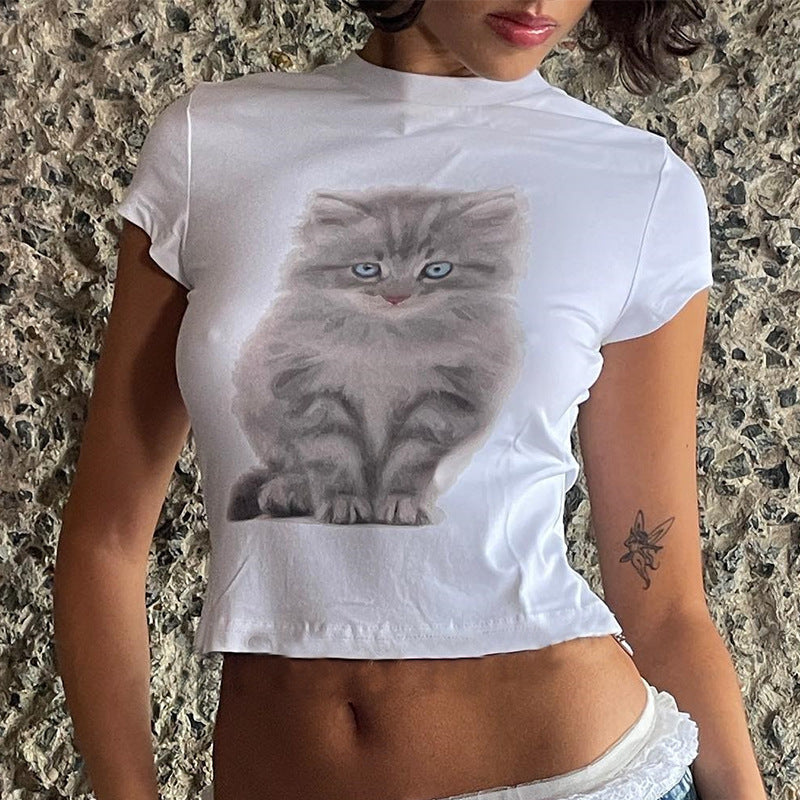 Fashion Round Neck Letter Cat Printing Short T-shirt - White / S