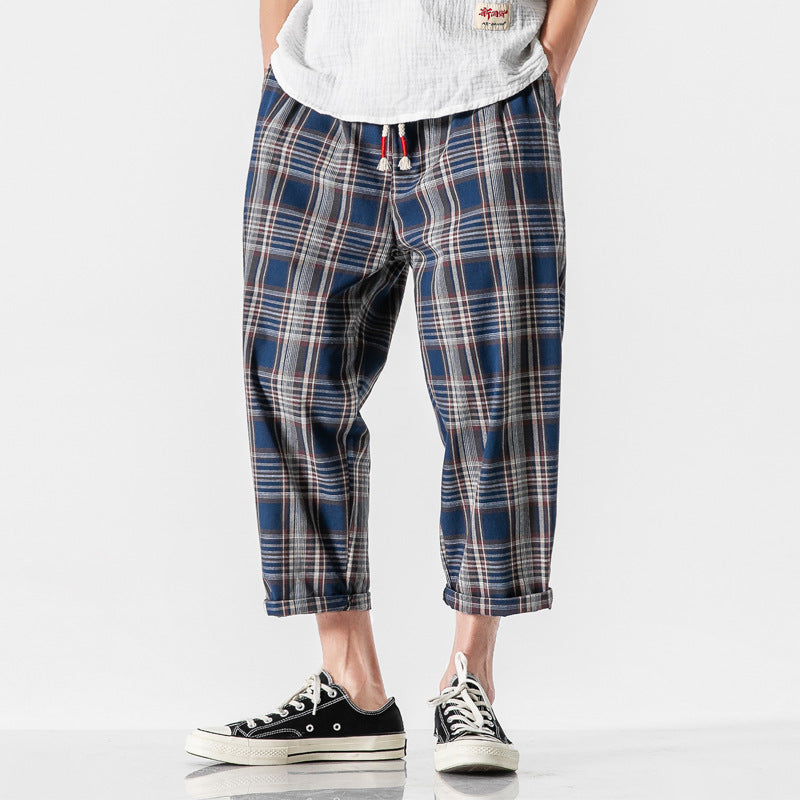 Plaid distressed Chinese style casual pants - Blue / L