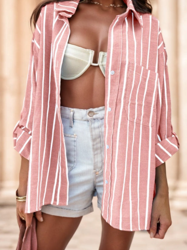 Women’s Spring Summer Loose Casual Striped Raglan Sleeve Blouse Women Shirt - 4