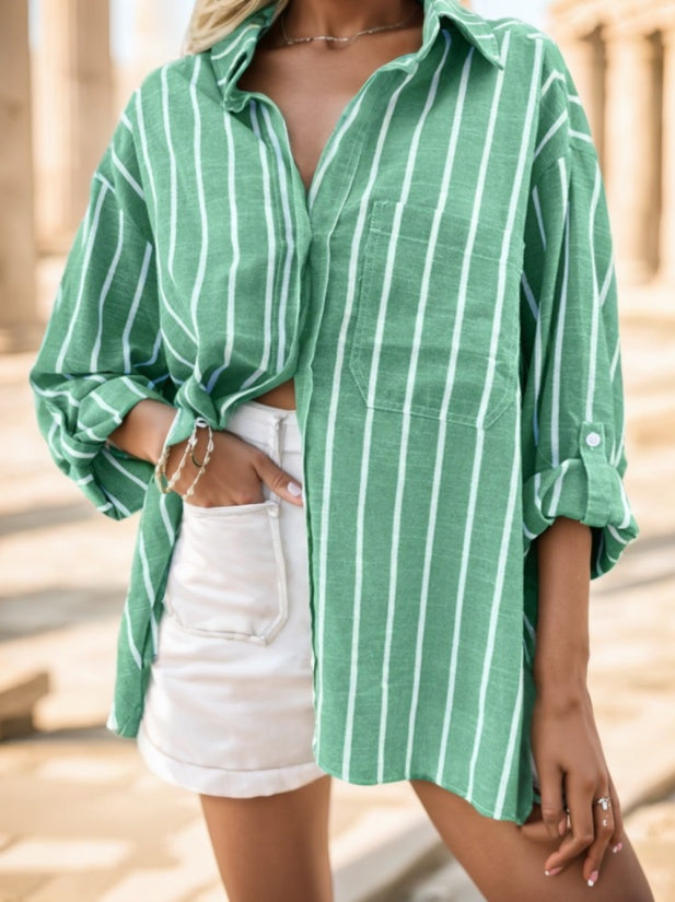 Women’s Spring Summer Loose Casual Striped Raglan Sleeve Blouse Women Shirt - Green / S - 4