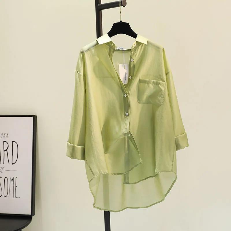 Tencel Cotton Sun Protection Shirt Long Sleeve Versatile Loose Top - Fruit Green / S