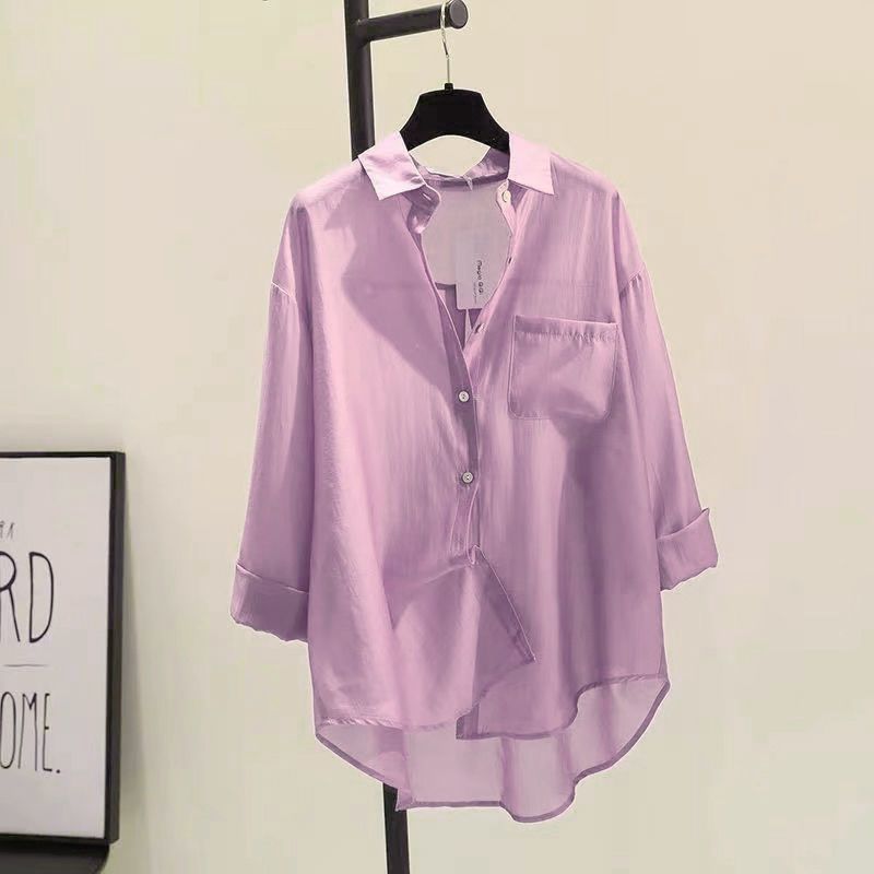 Tencel Cotton Sun Protection Shirt Long Sleeve Versatile Loose Top - Light Purple / S