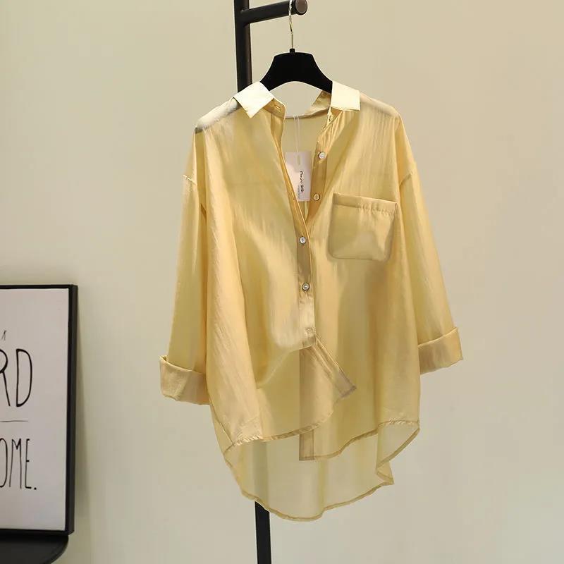 Tencel Cotton Sun Protection Shirt Long Sleeve Versatile Loose Top - Yellow / S
