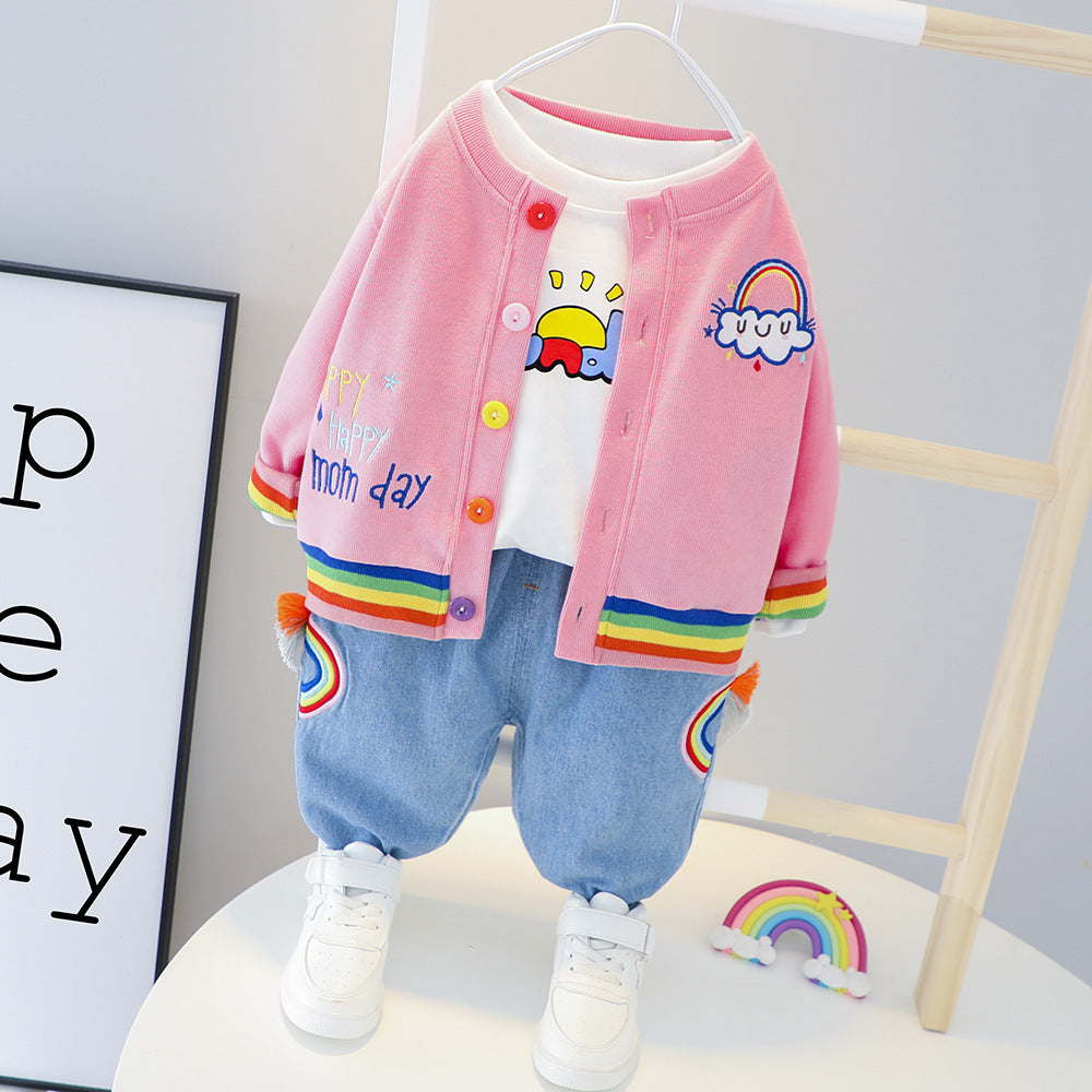 Rainbow Long Sleeve Kids Three-piece Set - Pink / 80cm