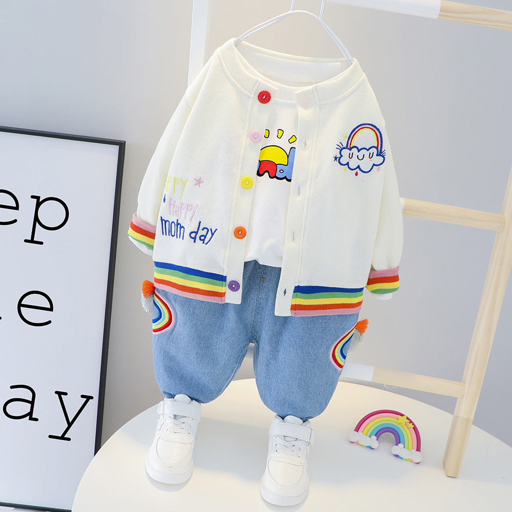 Rainbow Long Sleeve Kids Three-piece Set - White / 100cm