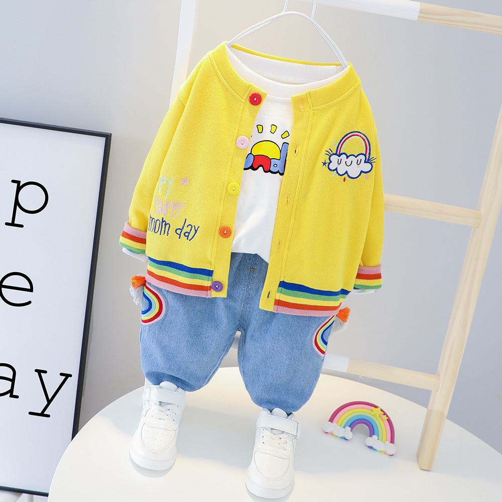 Rainbow Long Sleeve Kids Three-piece Set - Yellow / 70cm