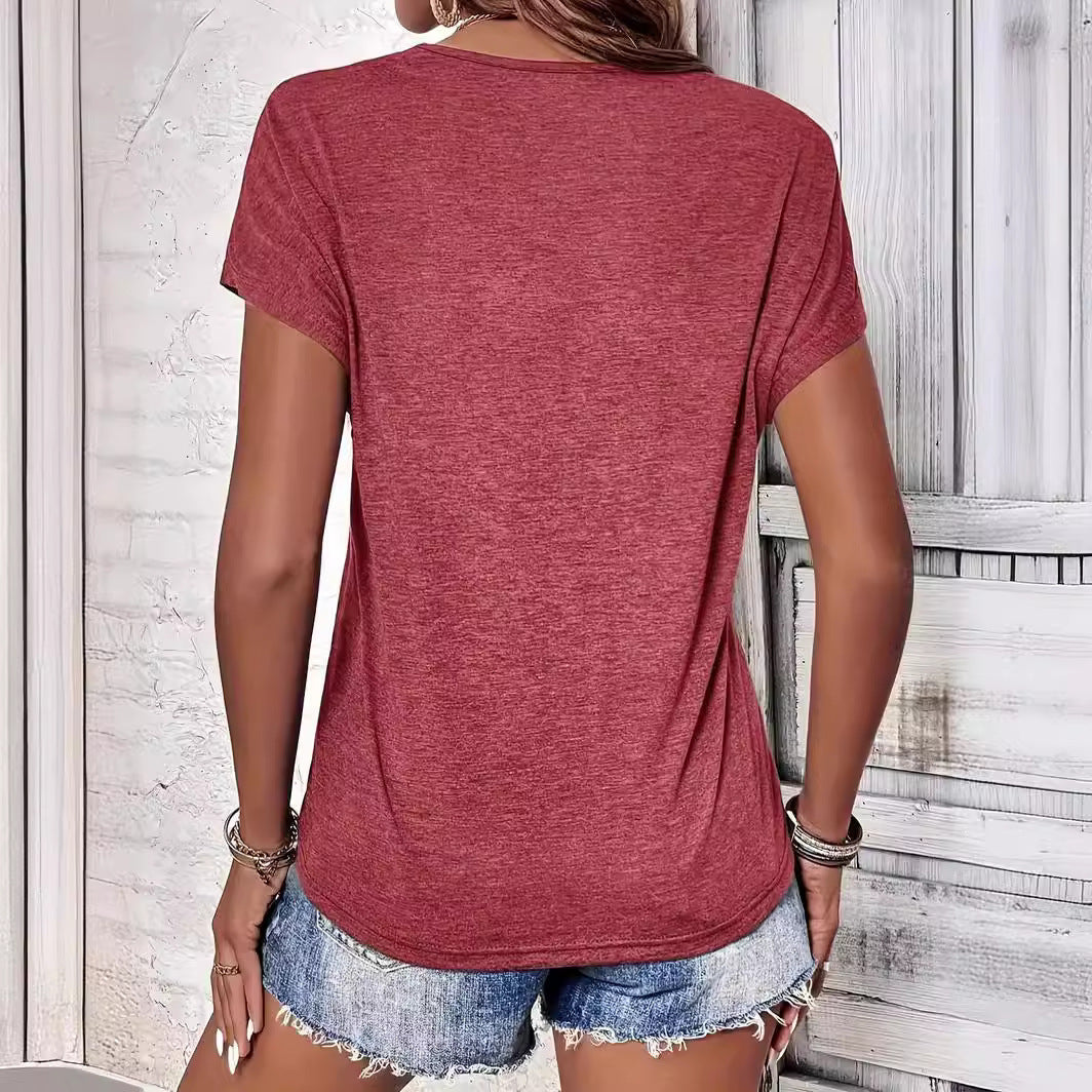 Summer New Women’s Solid Color And V-neck T-shirt