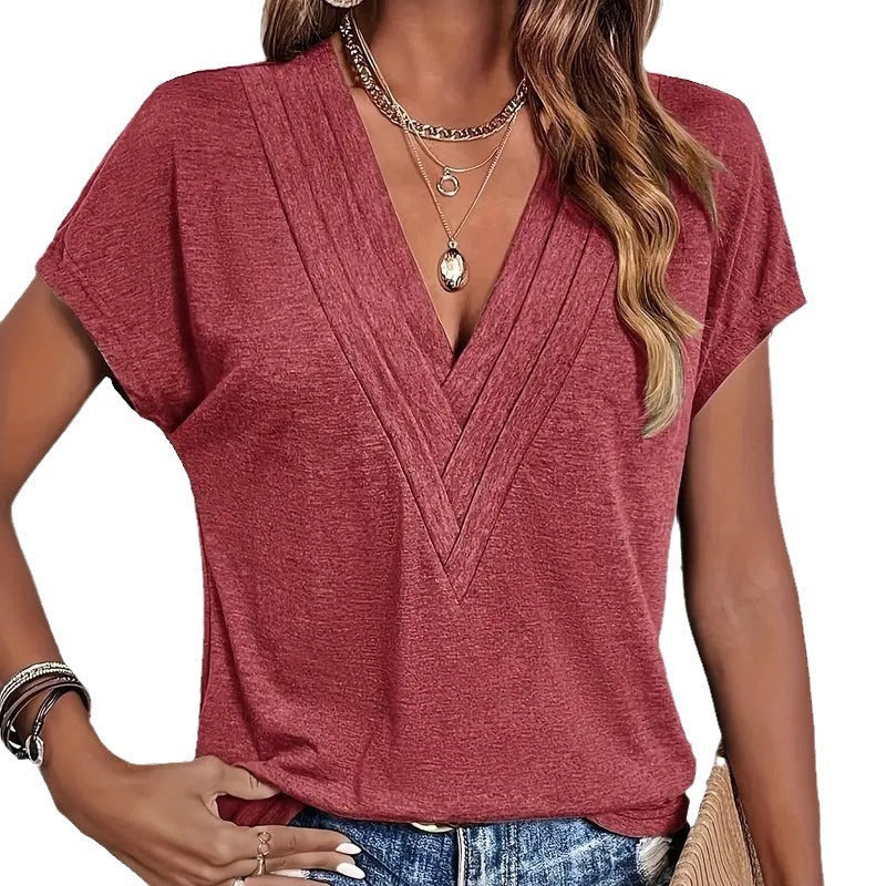 Summer New Women’s Solid Color And V-neck T-shirt
