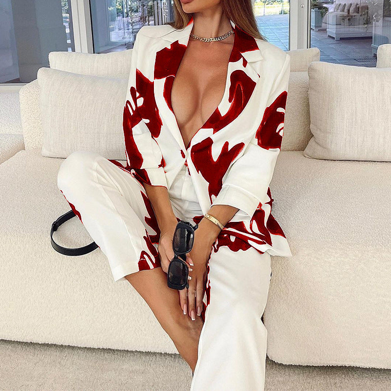 Professional Casual Elegant Business Suit Top Vintage Printed Suit - Red / S