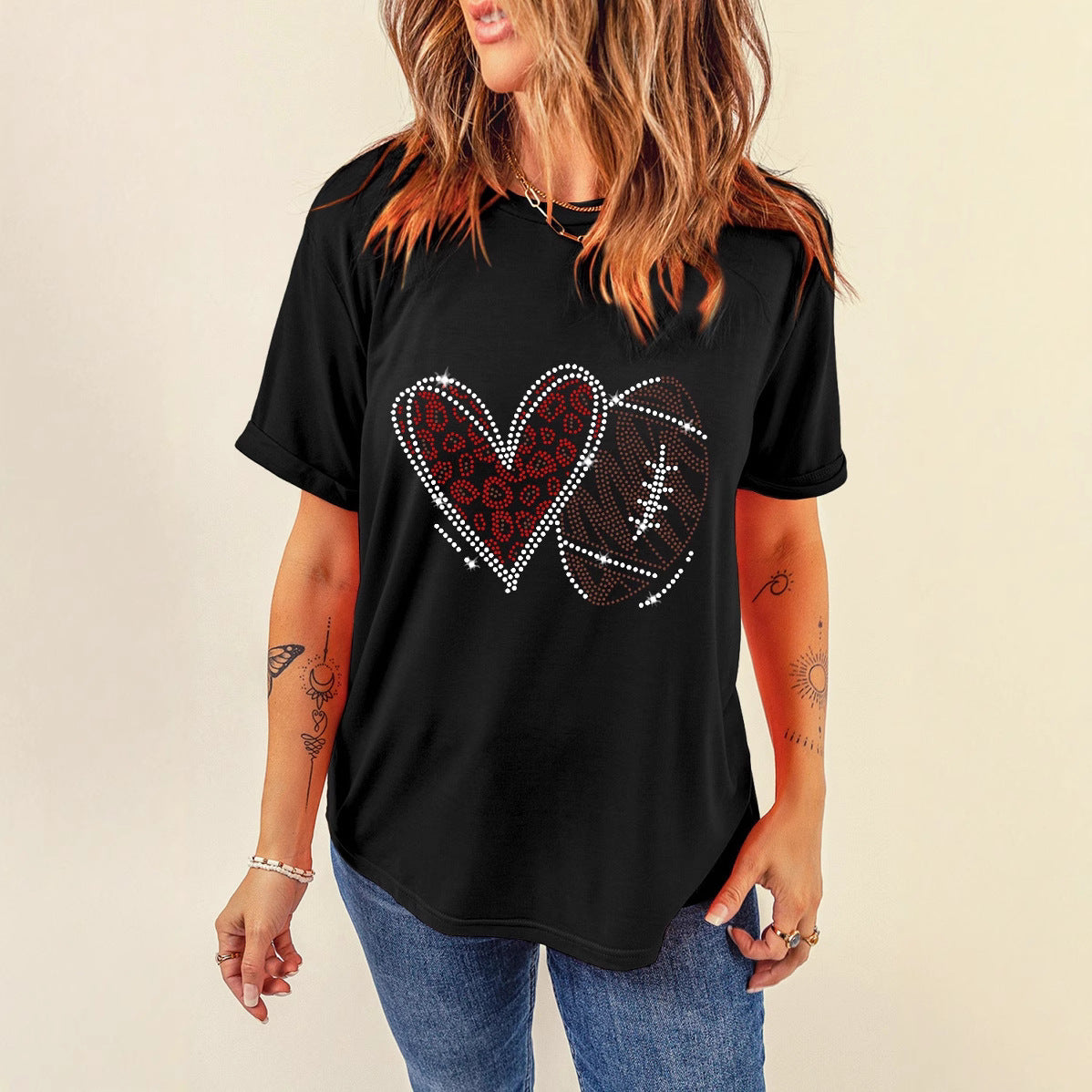 Heart Printing Pullover Pure Cotton Short Sleeve T-shirt - Black / S
