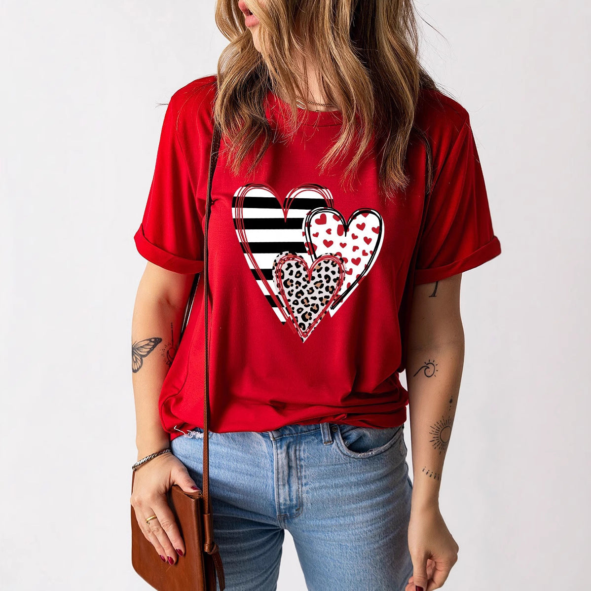 Heart Printing Pullover Pure Cotton Short Sleeve T-shirt - Red / S