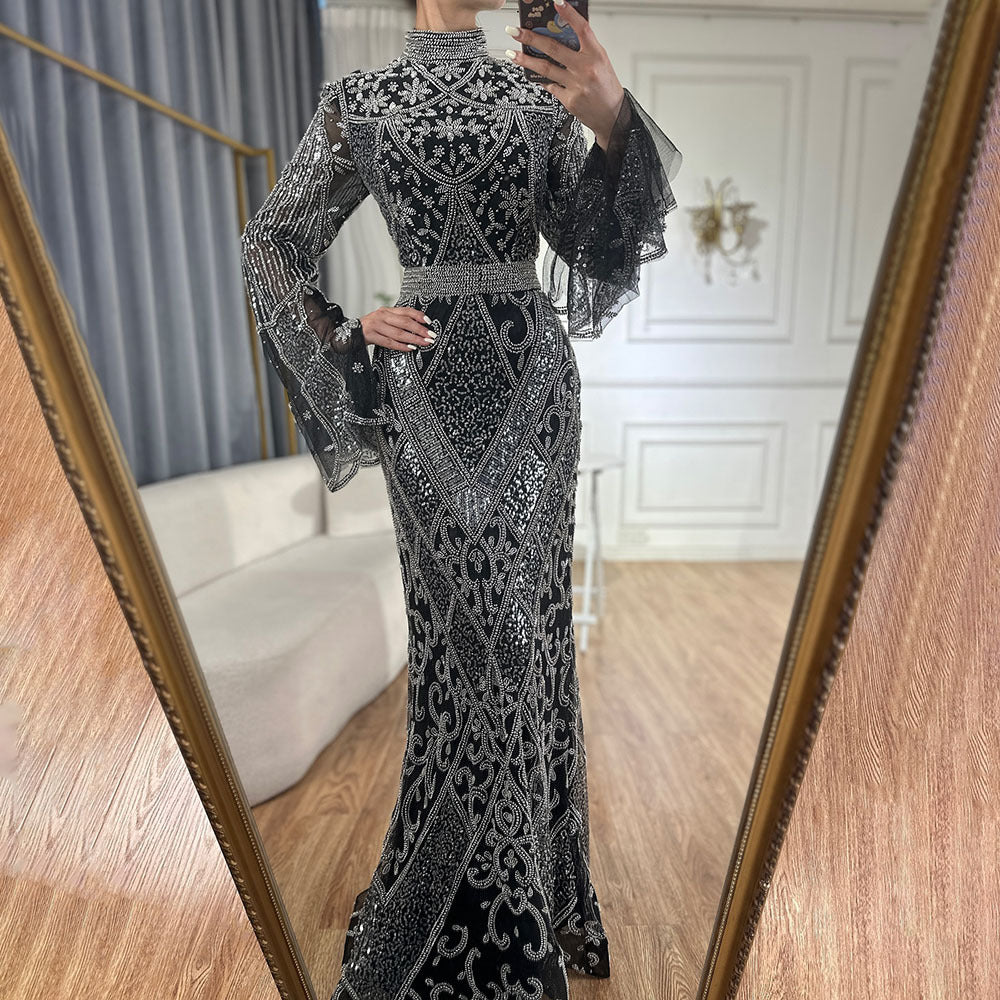 Red High Collar Fishtail Evening Long Dress - Black / S
