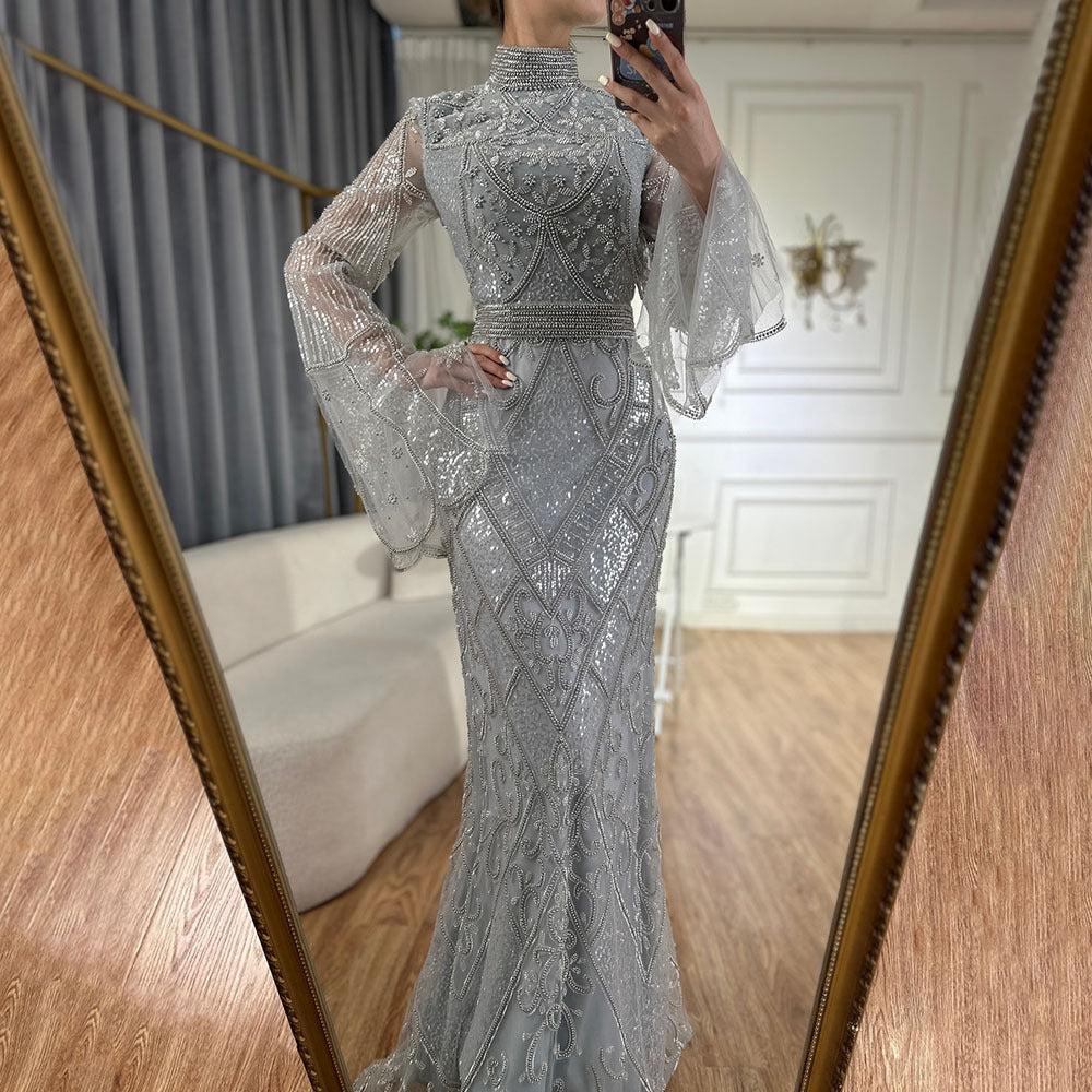 Red High Collar Fishtail Evening Long Dress - Gray / S