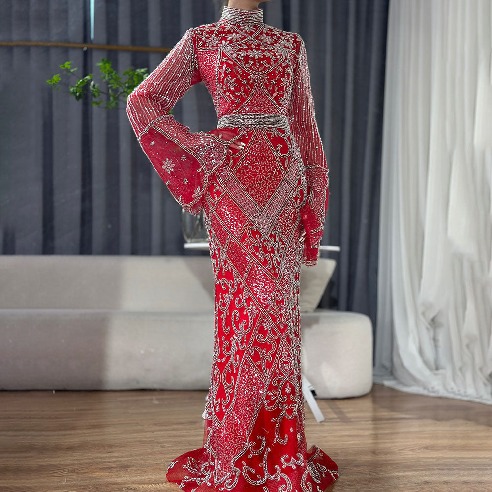 Red High Collar Fishtail Evening Long Dress - Red / S