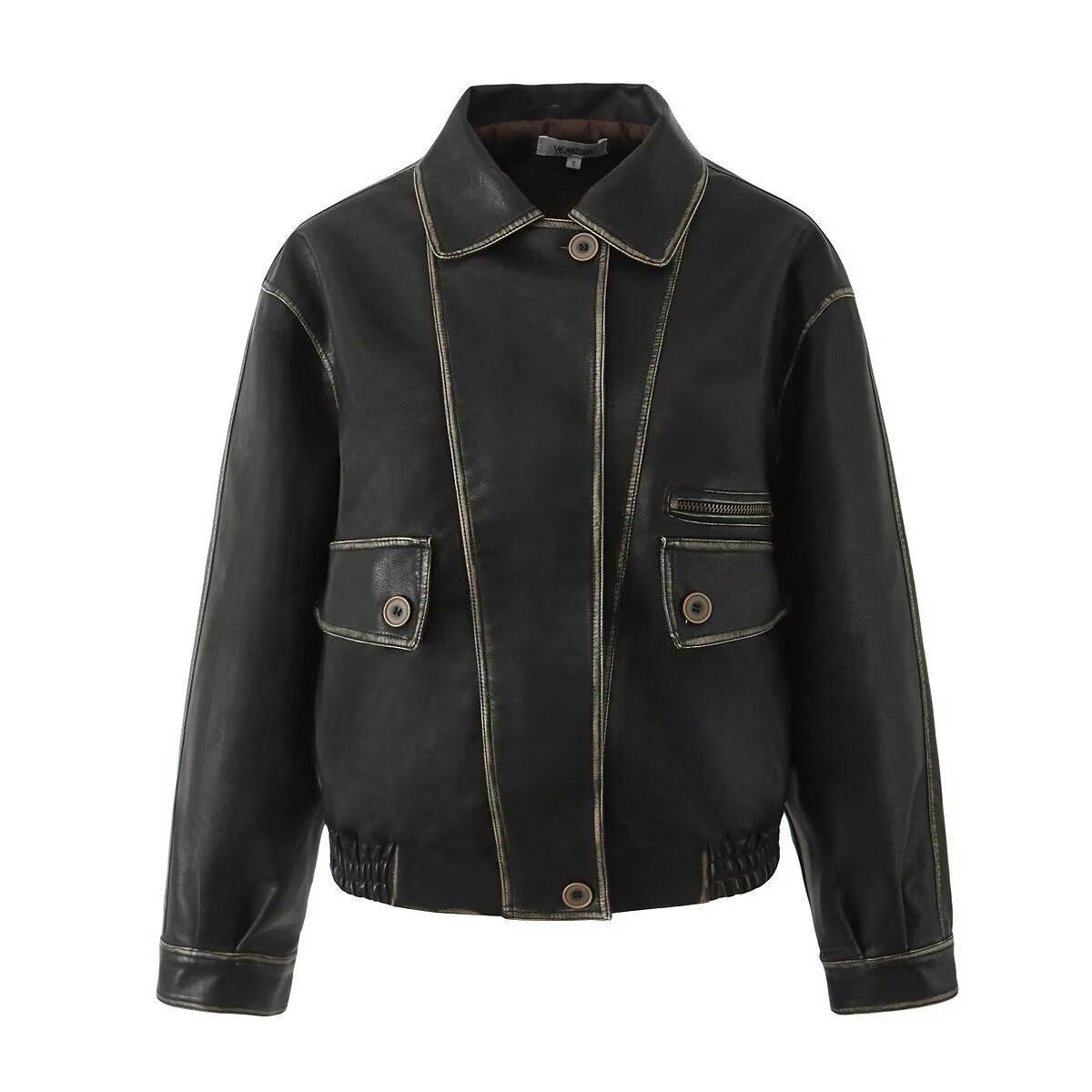 American Retro Asymmetric Colored Leather Distressed Casual Polo Collar Short PU Leather Jacket - Black / S