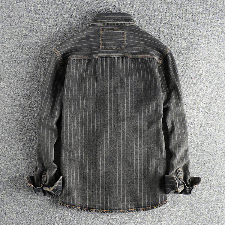 Men’s British Retro Black Gray Striped Denim Shirt