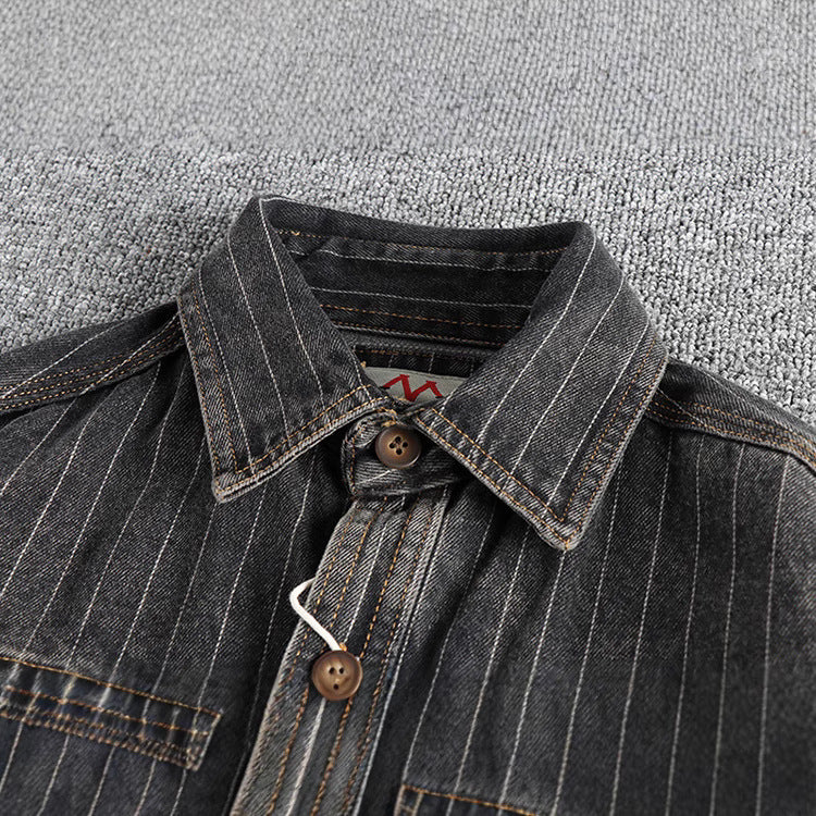 Men’s British Retro Black Gray Striped Denim Shirt