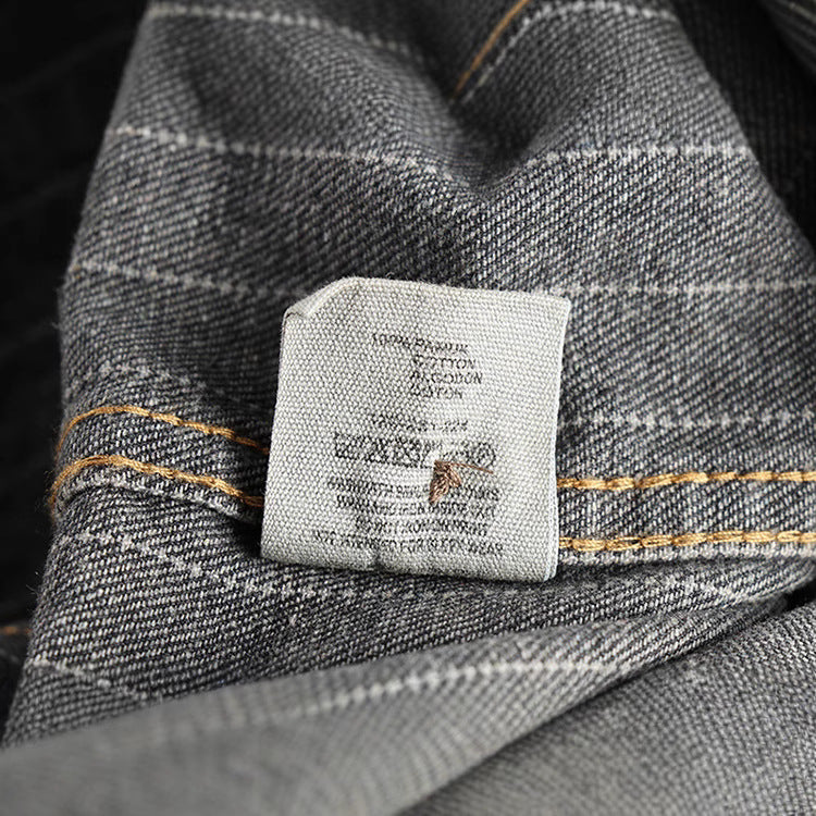 Men’s British Retro Black Gray Striped Denim Shirt