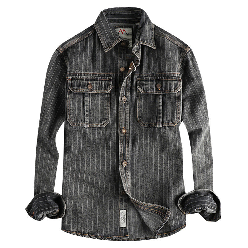 Men’s British Retro Black Gray Striped Denim Shirt