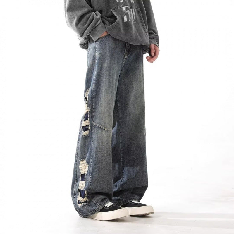 Washed Make Old Ripped Jeans Men’s Straight Loose