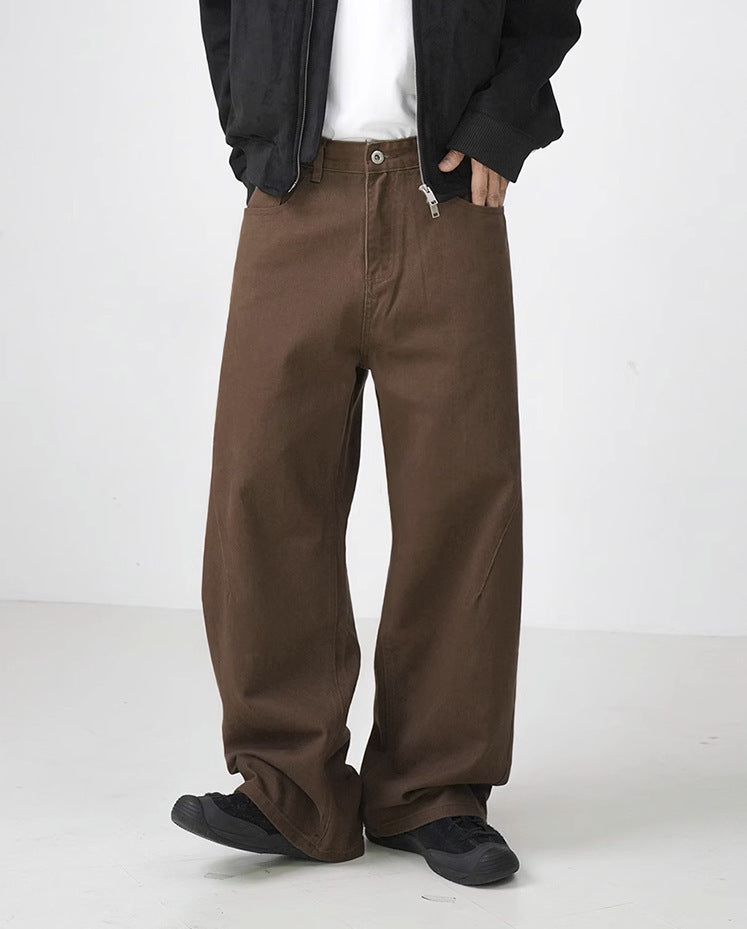 Washed Cotton Retro Brown Straight-leg Trousers - Brown / M
