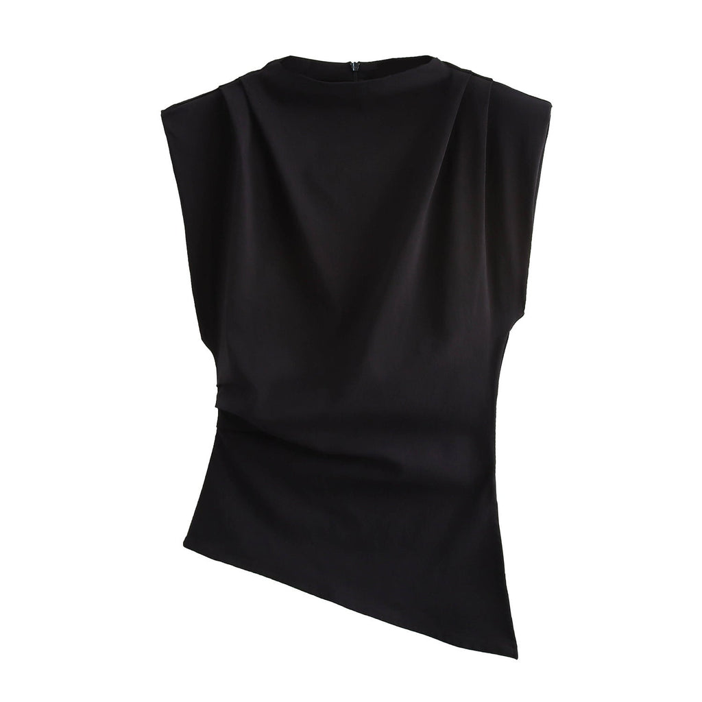 Beveled Pleated Decorative Padded Shoulder Top - Black / XS