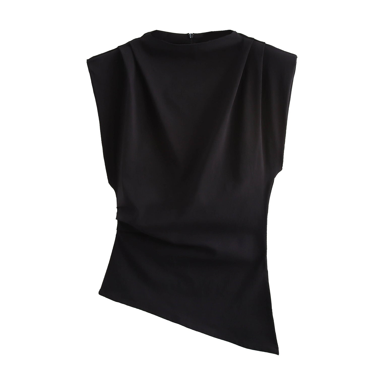Beveled Pleated Decorative Padded Shoulder Top - Black / XS