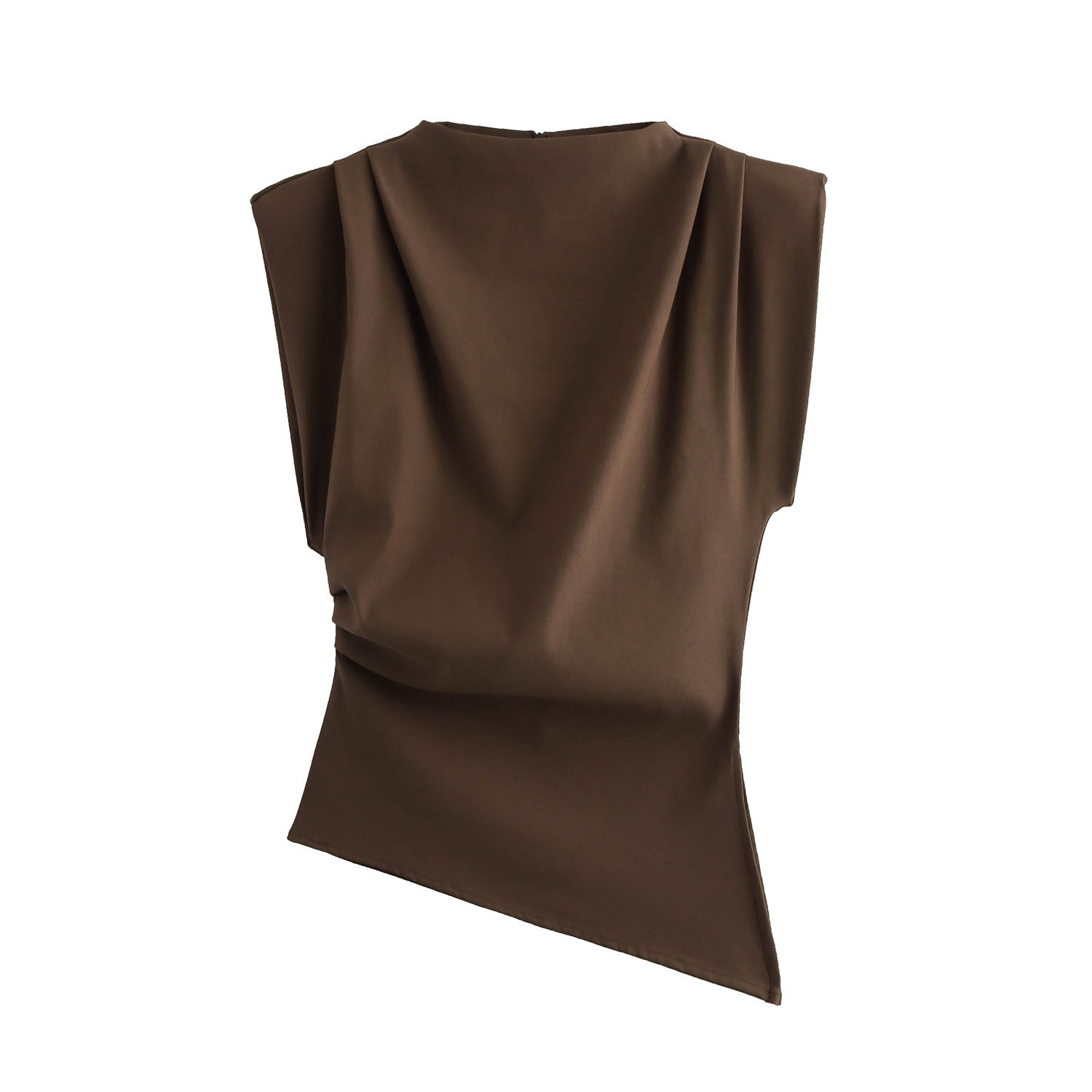 Beveled Pleated Decorative Padded Shoulder Top - Brown / XS