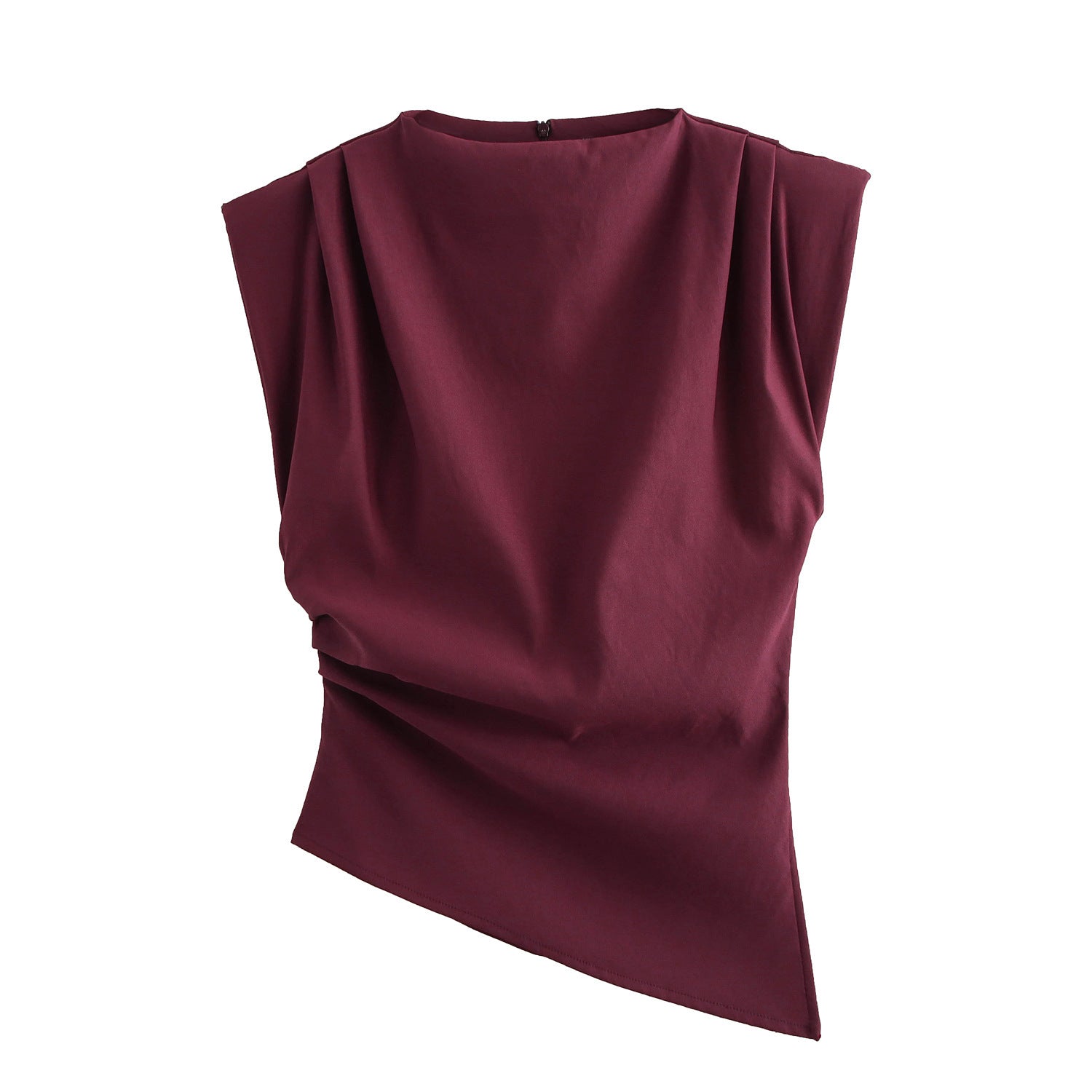 Beveled Pleated Decorative Padded Shoulder Top - Wine Red / XS