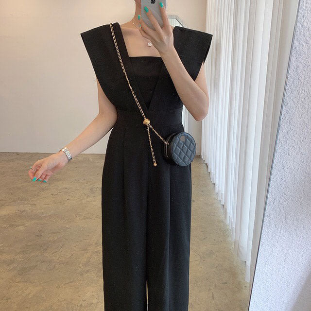 Women’s Chiffon Retro Sleeveless Jumpsuit Wide Leg Pants - Black / S