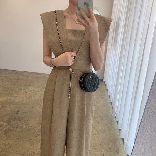 Women’s Chiffon Retro Sleeveless Jumpsuit Wide Leg Pants - Coffee / S