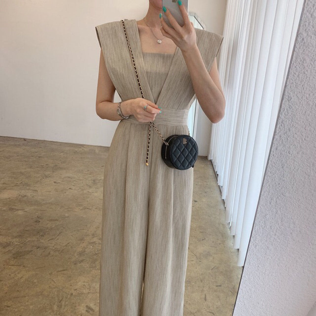 Women’s Chiffon Retro Sleeveless Jumpsuit Wide Leg Pants - Khaki / S