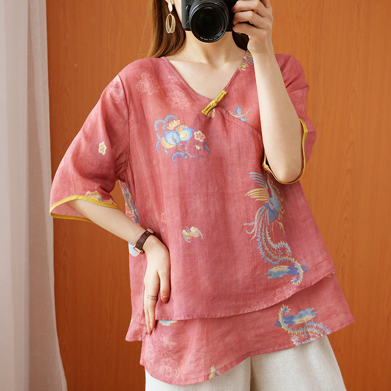Chinese Style Retro Anti-aging Temperament Shirt Women’s Summer Loose - Rust Red / L