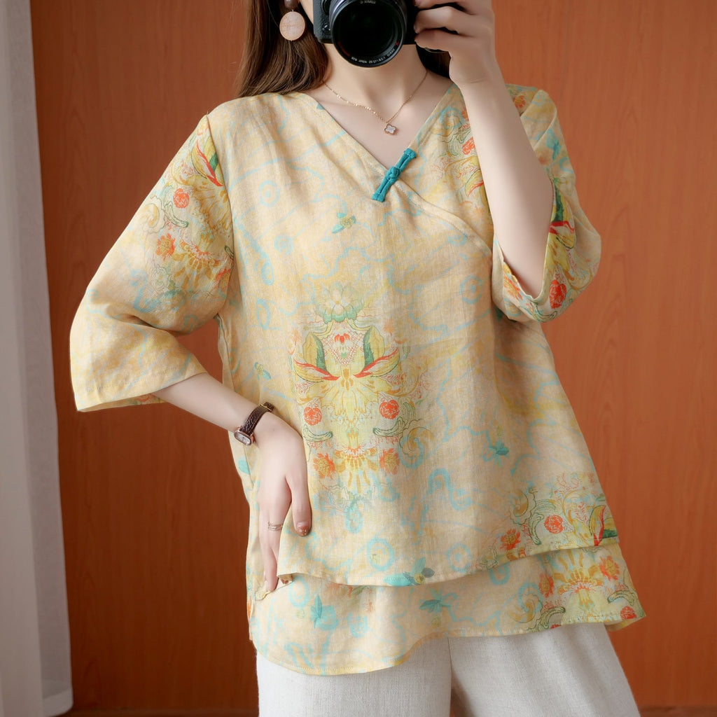 Chinese Style Retro Anti-aging Temperament Shirt Women’s Summer Loose - Yellow / L