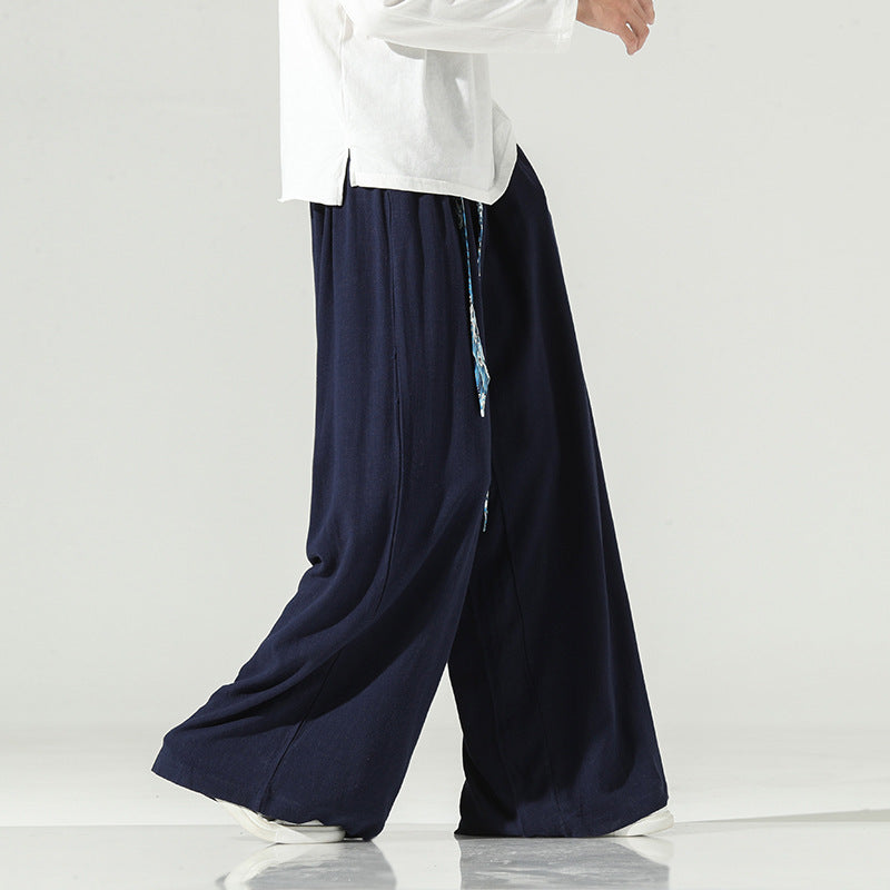 Retro Chinese Style Men’s pants autumn new linen straight tube drop Wide Leg Pants Cotton hemp skirt pants song pants