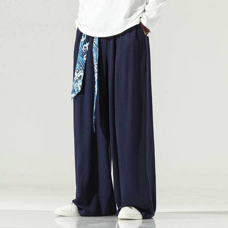 Retro Chinese Style Men’s pants autumn new linen straight tube drop Wide Leg Pants Cotton hemp skirt pants song pants