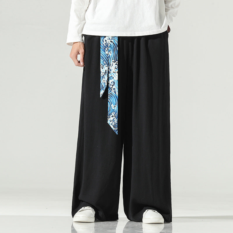Retro Chinese Style Men’s pants autumn new linen straight tube drop Wide Leg Pants Cotton hemp skirt pants song pants