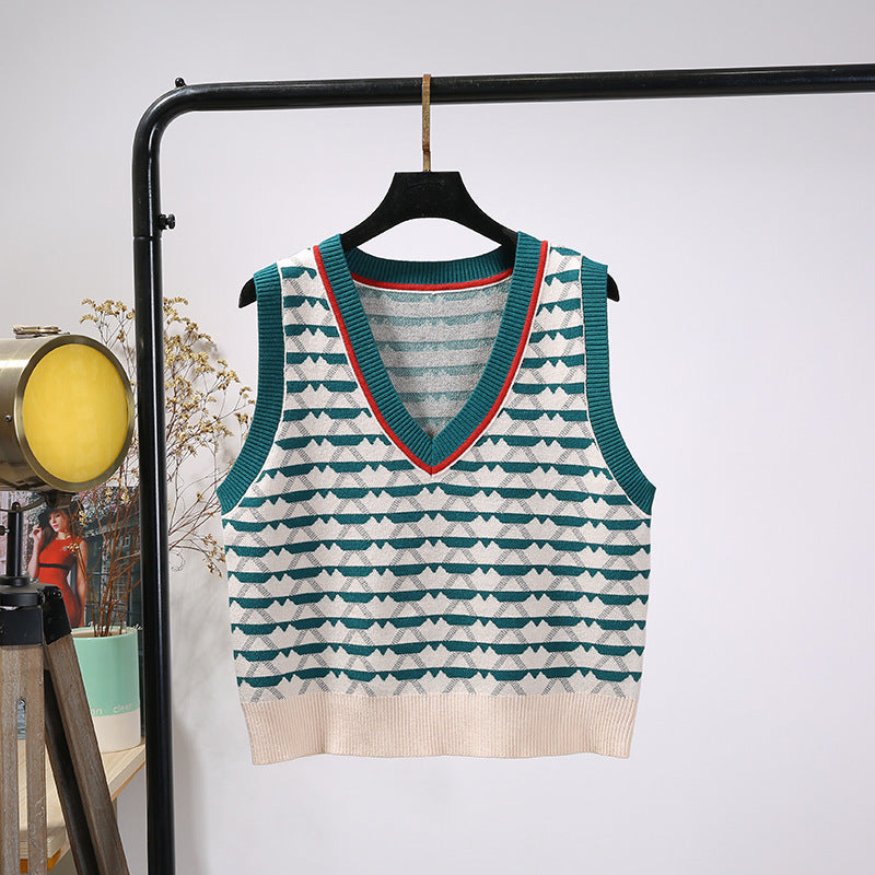 Retro Contrast Color Jacquard Ins Knitted Vest For Women - Blue / Free Size