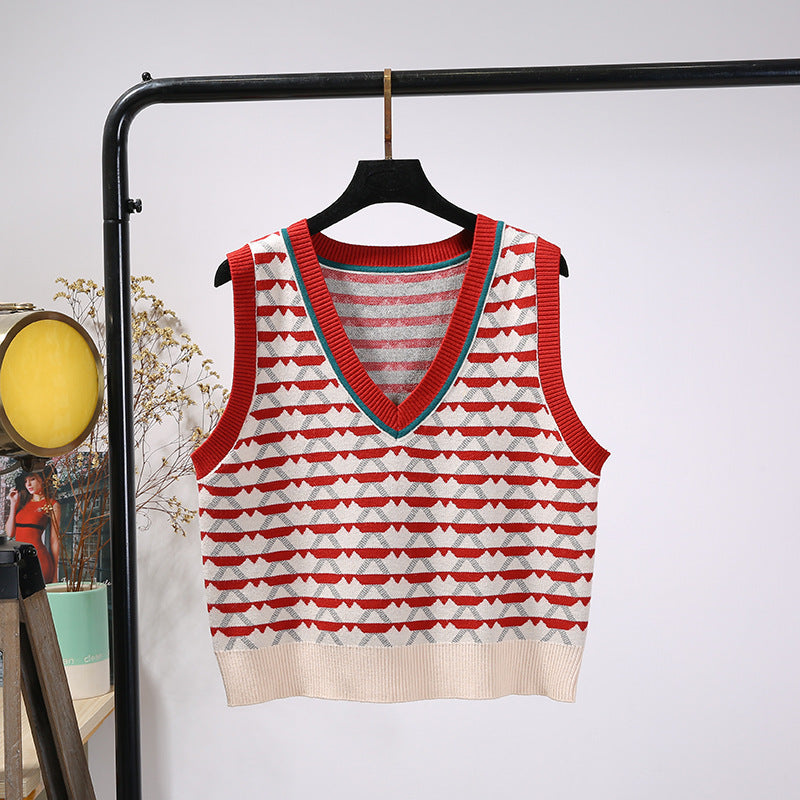 Retro Contrast Color Jacquard Ins Knitted Vest For Women - Red / Free Size
