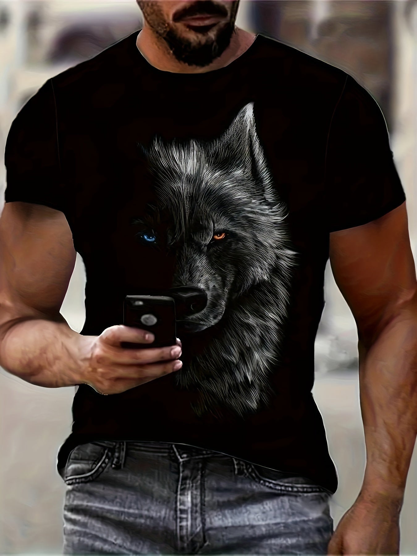 3D Digital Cool Wolf Contrast Color Eye Pattern Round Neck T-shirt Men’s Summer Outdoor Activity Fashion Top - 5
