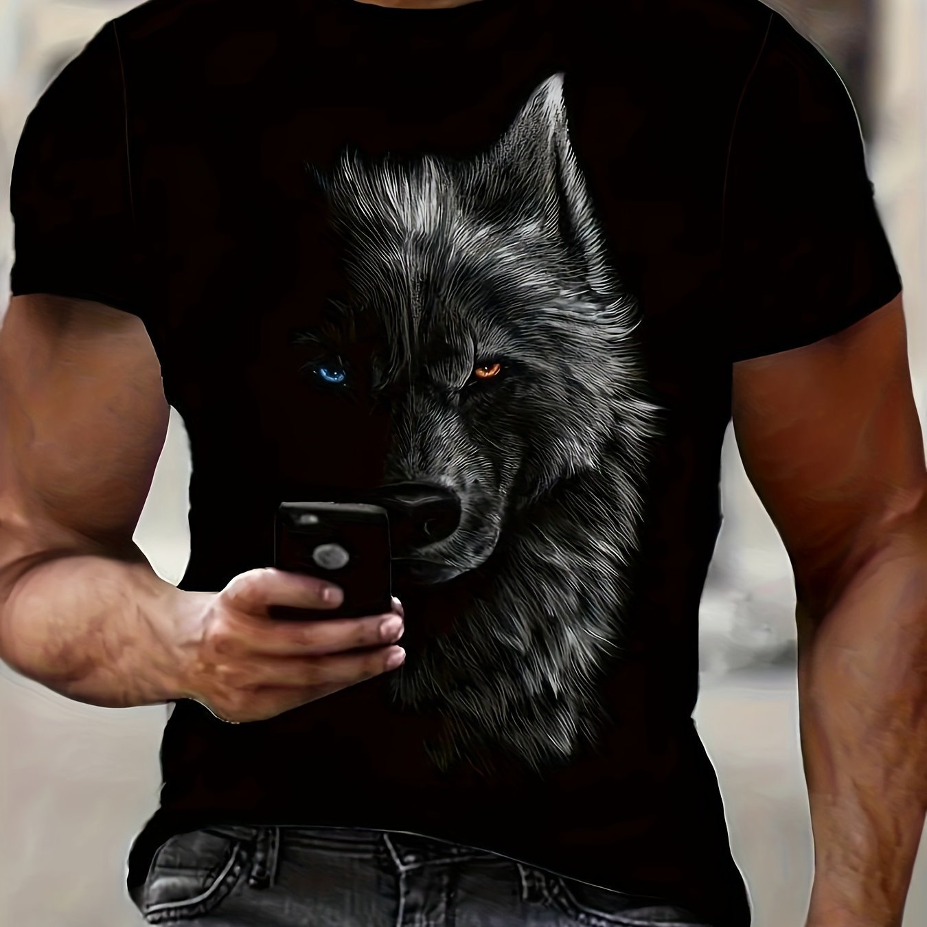 3D Digital Cool Wolf Contrast Color Eye Pattern Round Neck T-shirt Men’s Summer Outdoor Activity Fashion Top - 5