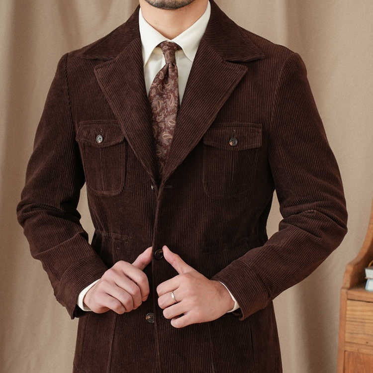 Retro Corduroy Slim-fit Safari Cotton Gentry Jacket - Coffee / 2XL