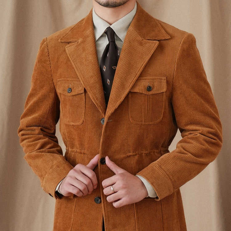 Retro Corduroy Slim-fit Safari Cotton Gentry Jacket - Khaki / 2XL