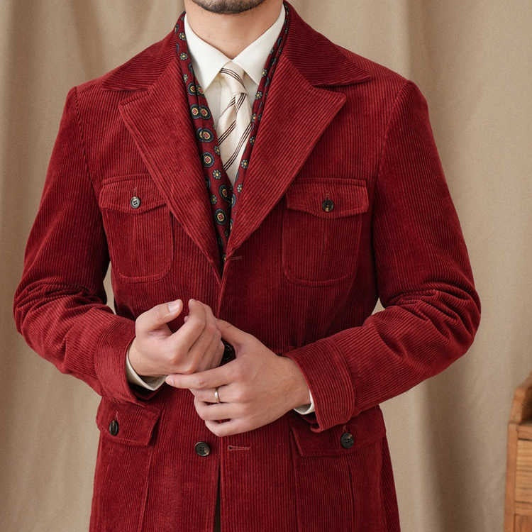 Retro Corduroy Slim-fit Safari Cotton Gentry Jacket - Red / 2XL