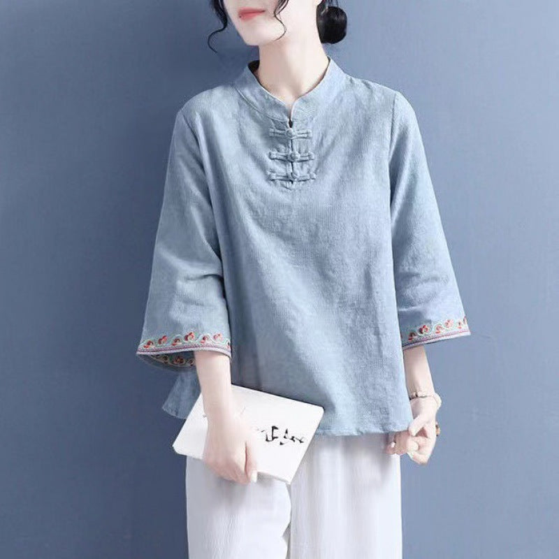 Artistic Cotton Linen Jacquard Embroidered Bell Sleeve Shirt - Blue / M